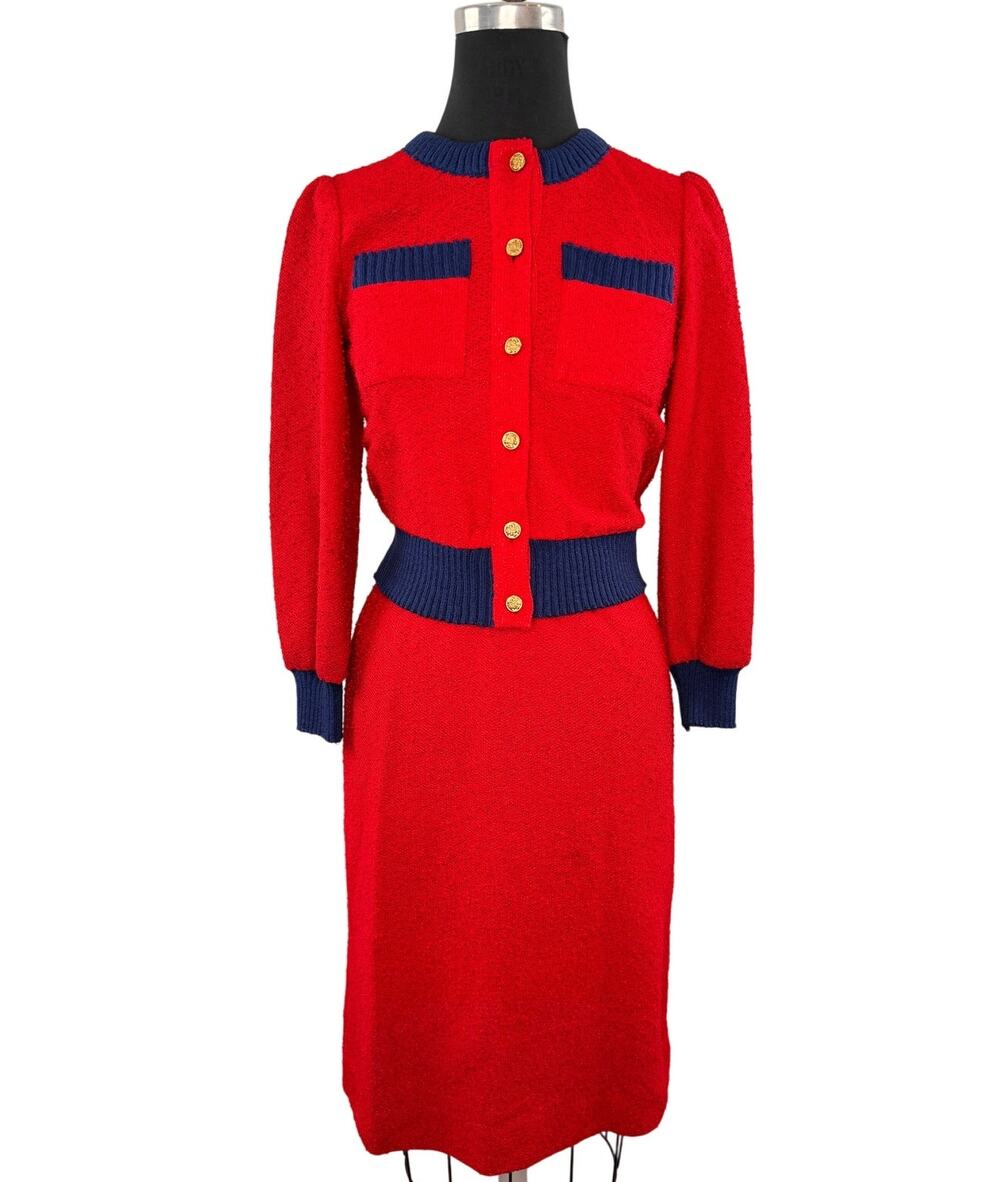 VINTAGE Leslie Fay Red Navy Cardigan Sweater Skirt Set Tweed Front Button Sz 4P